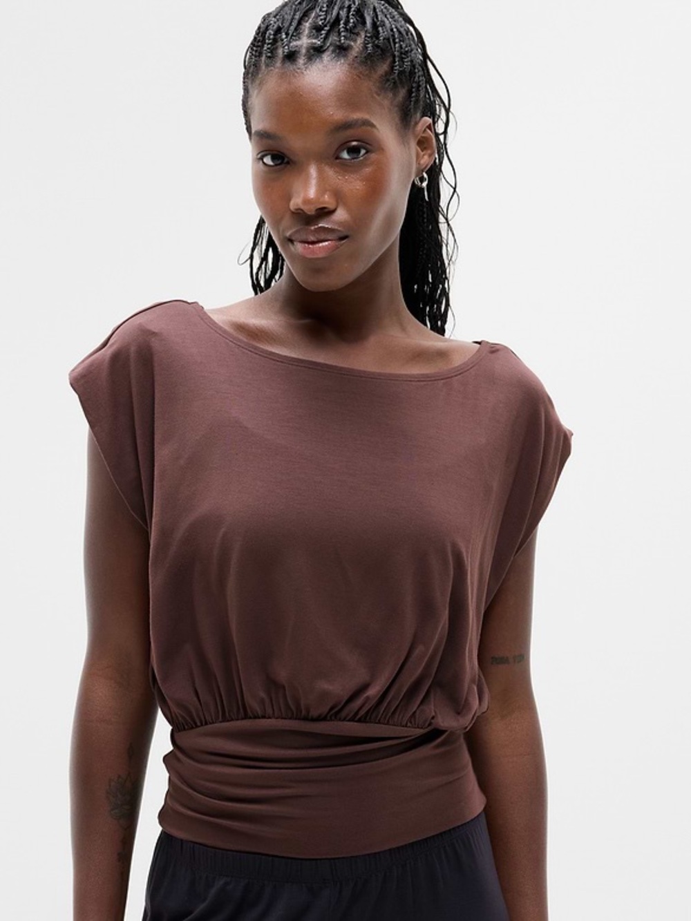 Athleta Brown Cap-Sleeve Waistband Top